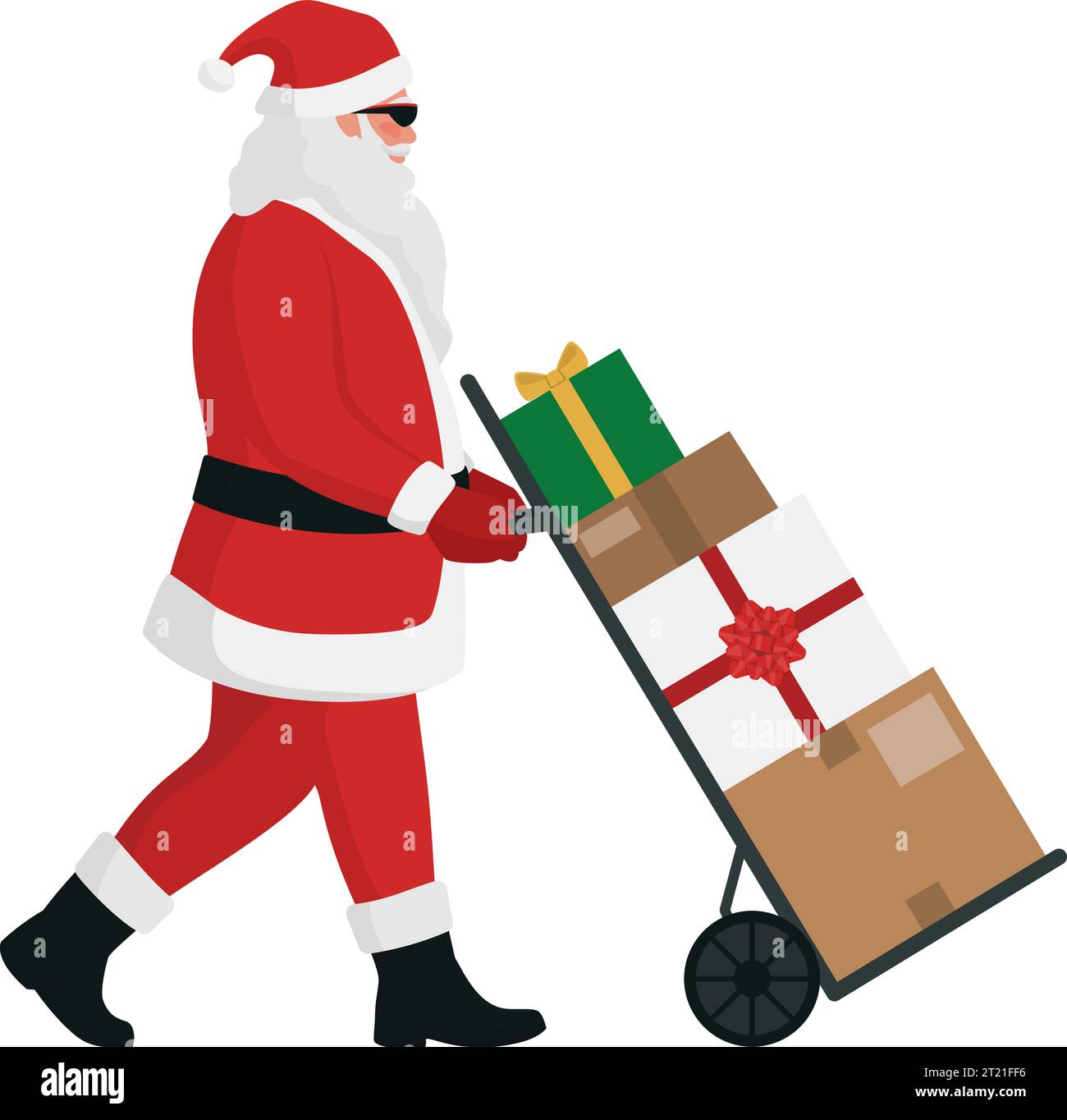 Der moderne Weihnachtsmann schiebt einen beladenen Lastwagen und liefert Weihnachtsgeschenke, isoliert Stock Vektor