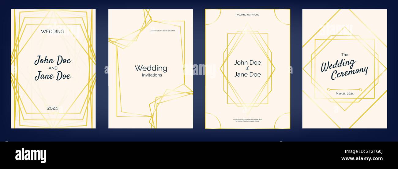Hochzeitseinladung mit goldenen Linien. Luxuriöse elegante Hochzeitskarte mit geometrischem Muster. Modernes minimalistisches Design-Vektorkonzept Stock Vektor