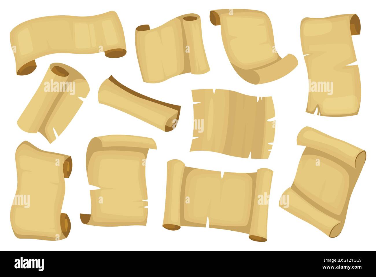 Cartoon Scrollkollektion. Alte antike Pergamentrolle, mittelalterliches Manuskriptkartenzertifikat, 2D-Spiel-GUI-Elemente. Vektor-isolierter Satz Stock Vektor