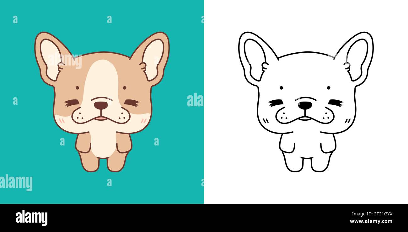 Cartoon French Bulldog Dog Clipart für Malseite und Illustration. Clip Art Isoliertes Hündchen. Stock Vektor