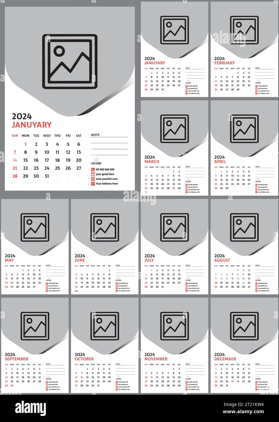 2024 12-Monatiger Wandkalender Für Kanada, Mit Offiziellem Vektor-Design Für Feiertage Stock Vektor