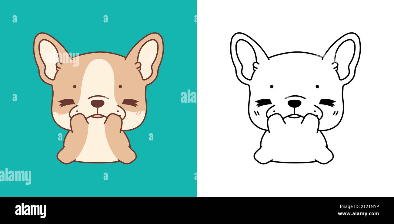 Clipart IsolatedFrench Bulldog Hündchen mehrfarbig und schwarz-weiß. Niedliches Cartoon-Hündchen. Stock Vektor