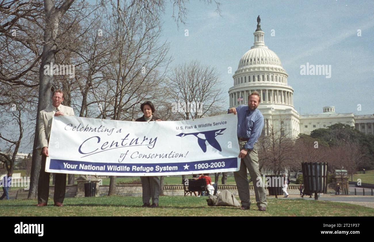 Das Blue Goose Logo, das das National Wildlife Refuge System symbolisiert, wurde während der Feierlichkeiten zum 99. Jahrestag im Weißen Haus gezeigt. Die Blaugans repräsentiert die Mission des Artenschutzes und der Erhaltung von Lebensräumen. Stockfoto