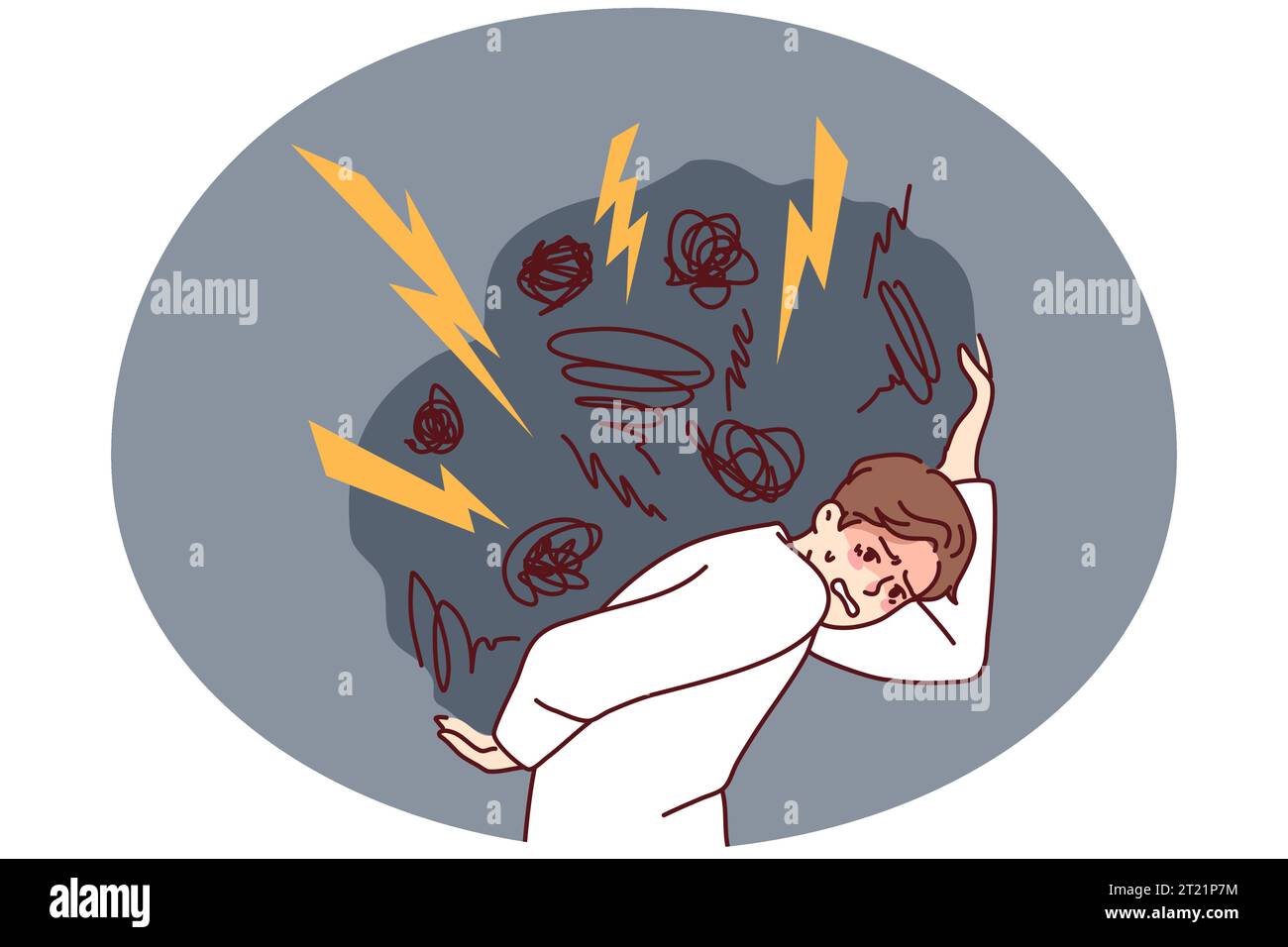 Müder Mann, der auf dem Rücken einen riesigen Problemblock trug. Unglücklich erschöpfter Kerl mit Last der Angst und des Überdenkens. Stressfreies Lebenskonzept. Vektorgrafik. Stock Vektor