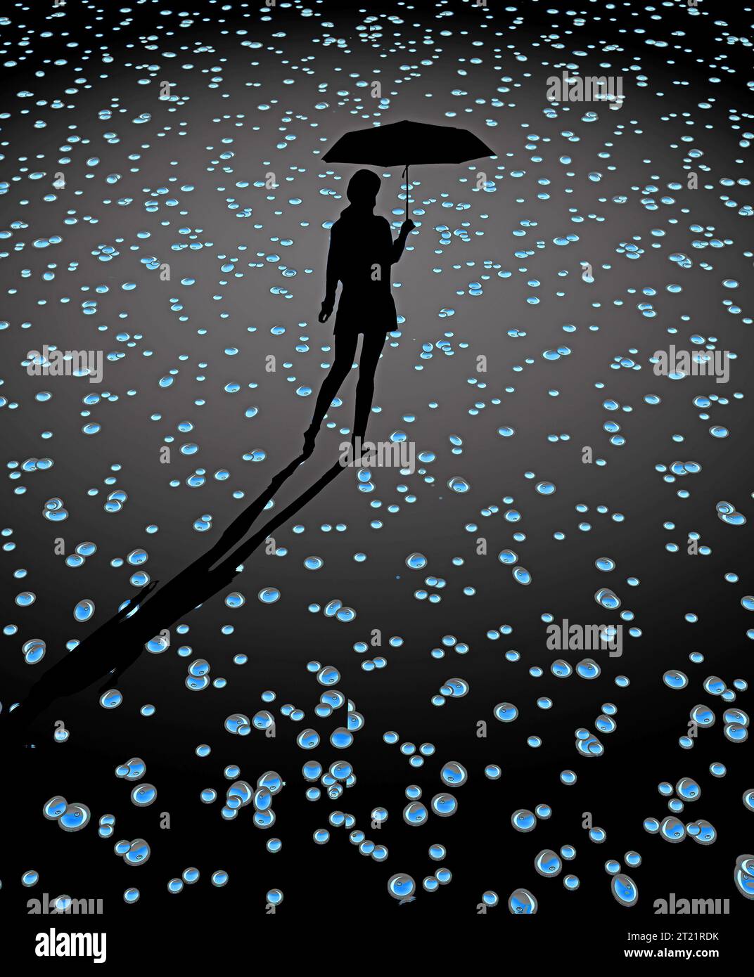 Ein Mädchen mit ihrem Schirm wird auf einem Feld aus Wasserperlen auf einer glatten Oberfläche in dieser 3D-Illustration gesehen. Stockfoto