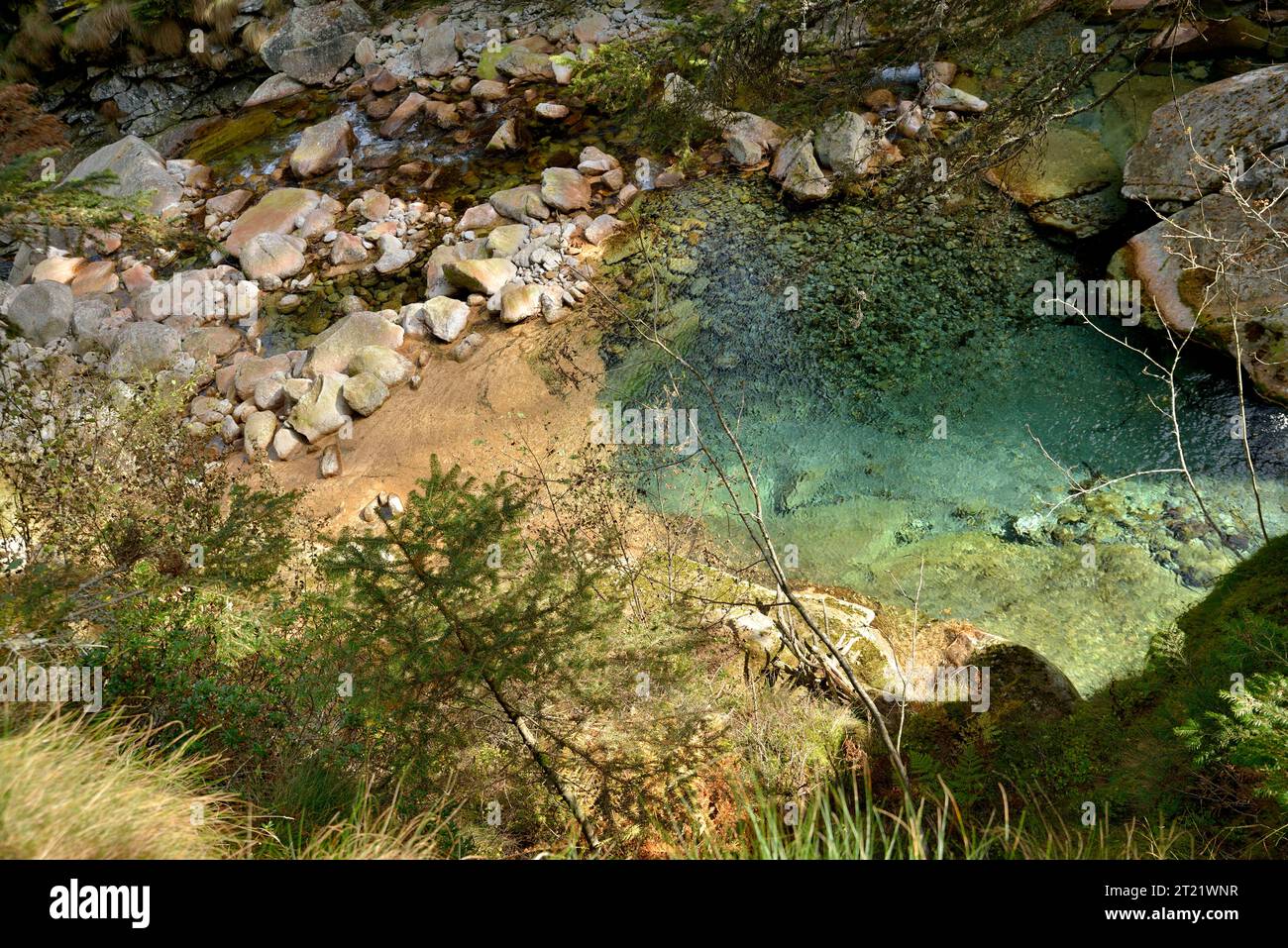 Naturpark alta valle Antrona, kristallklar vom Fluss Troncone in der wilden Natur Stockfoto