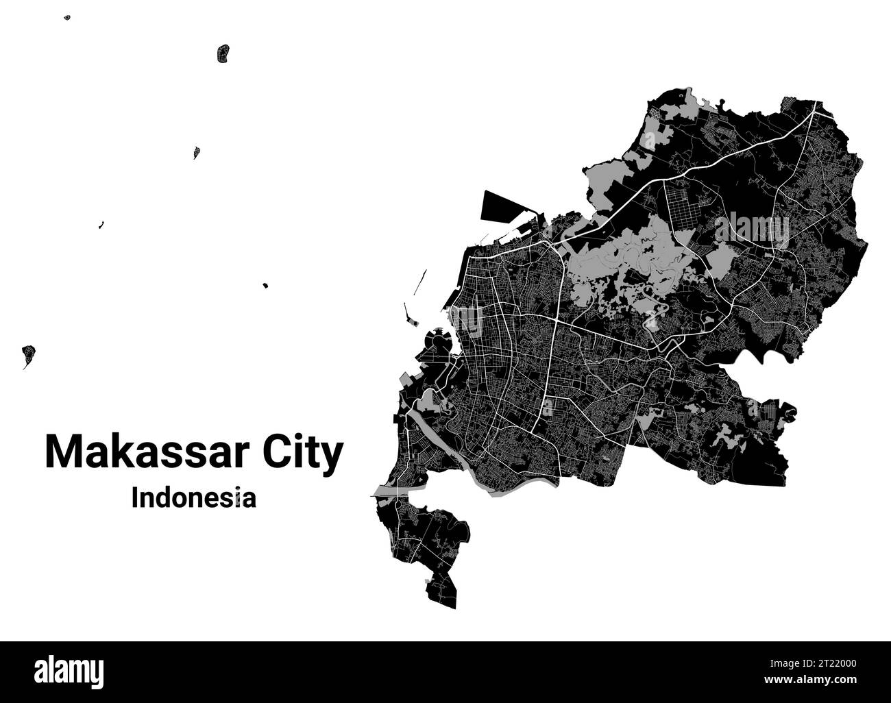 Makassar-Karte. Detaillierte schwarze Karte des Verwaltungsgebiets der Stadt Makassar. Poster mit Blick auf die Metropole. Schwarzes Land mit weißen Straßen und Allee Stock Vektor