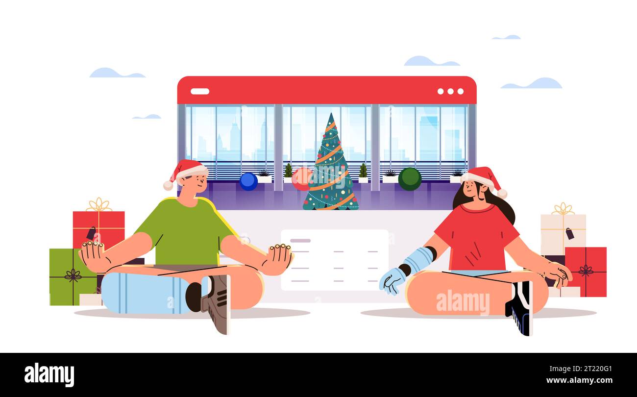 Mann Frau mit ausgetauschten robotischen Implantaten oder Prothesen Körperteile sitzend Lotus posiert behinderte Yogaklasse Wiederherstellung normal funktionierender Menschen mit Stock Vektor