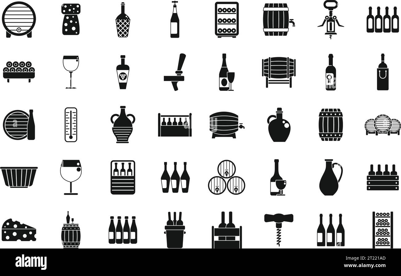 Symbole für Weinkeller setzen einfachen Vektor. Fassfass. Weinregal im Keller Stock Vektor