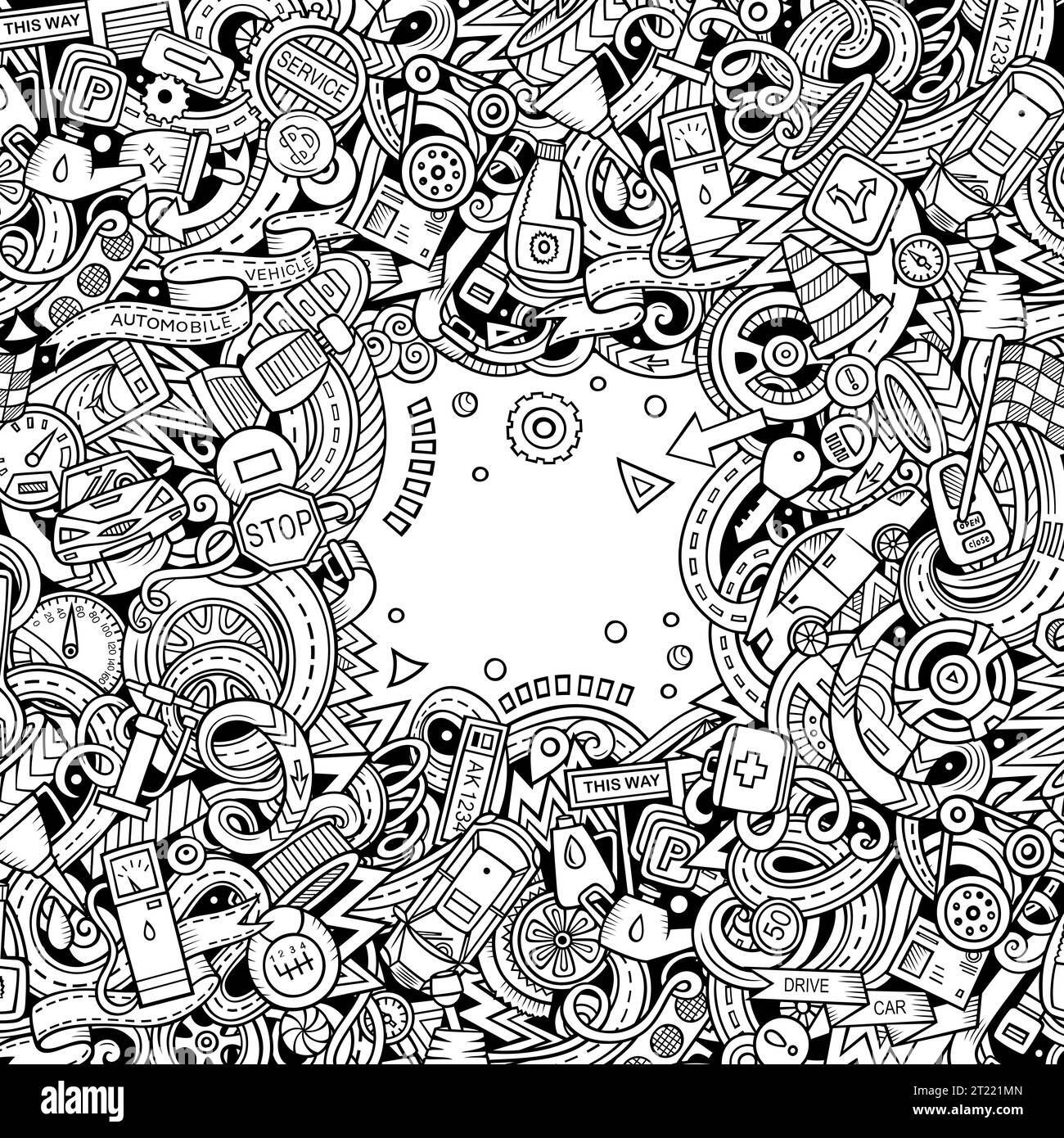 Cartoon niedlichen Kritzeleien Fahrzeug Frame-Karte. Line Art detailliert, mit vielen Objekten Hintergrund. Alle Objekte getrennt. Grenze mit Autos Symbole und Gegenstände Stock Vektor