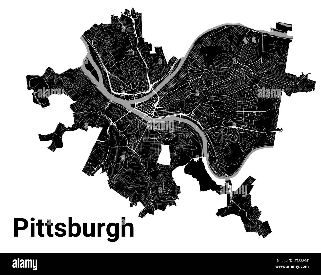 Pittsburgh City Map, Pennsylvania, Vereinigte Staaten. Kommunale Verwaltungsgrenzen, Schwarzweiß-Landkarte mit Flüssen und Straßen, Parks und Eisenbahnen Stock Vektor