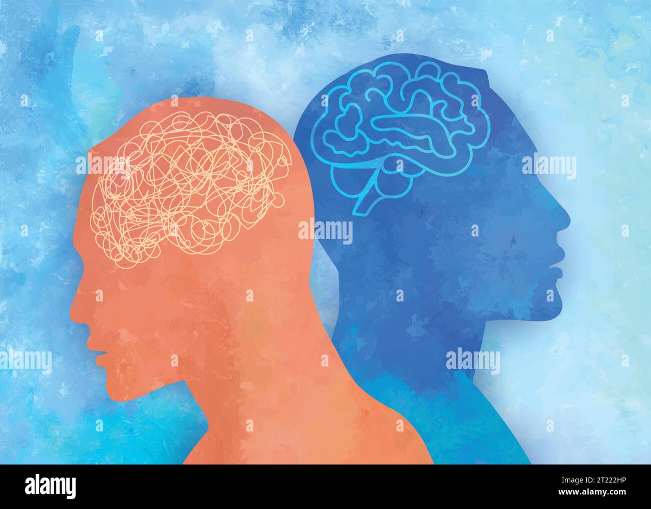 Metaphorische bipolare Störung geistig. Doppelgesicht mit Verwirrung und Entwirrung des Gehirns. Geteilte Persönlichkeit. Stimmungsstörung. 2 Kopfsilhouette. Psychologie. Stock Vektor