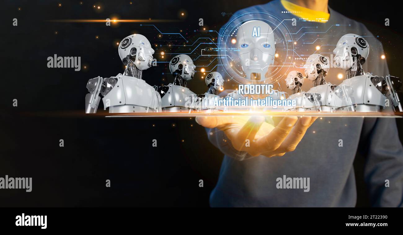 Konzepte von Technologie und Menschen, die KI für die Arbeit, das Lernen von KI und künstliche Intelligenz nutzen. Stockfoto
