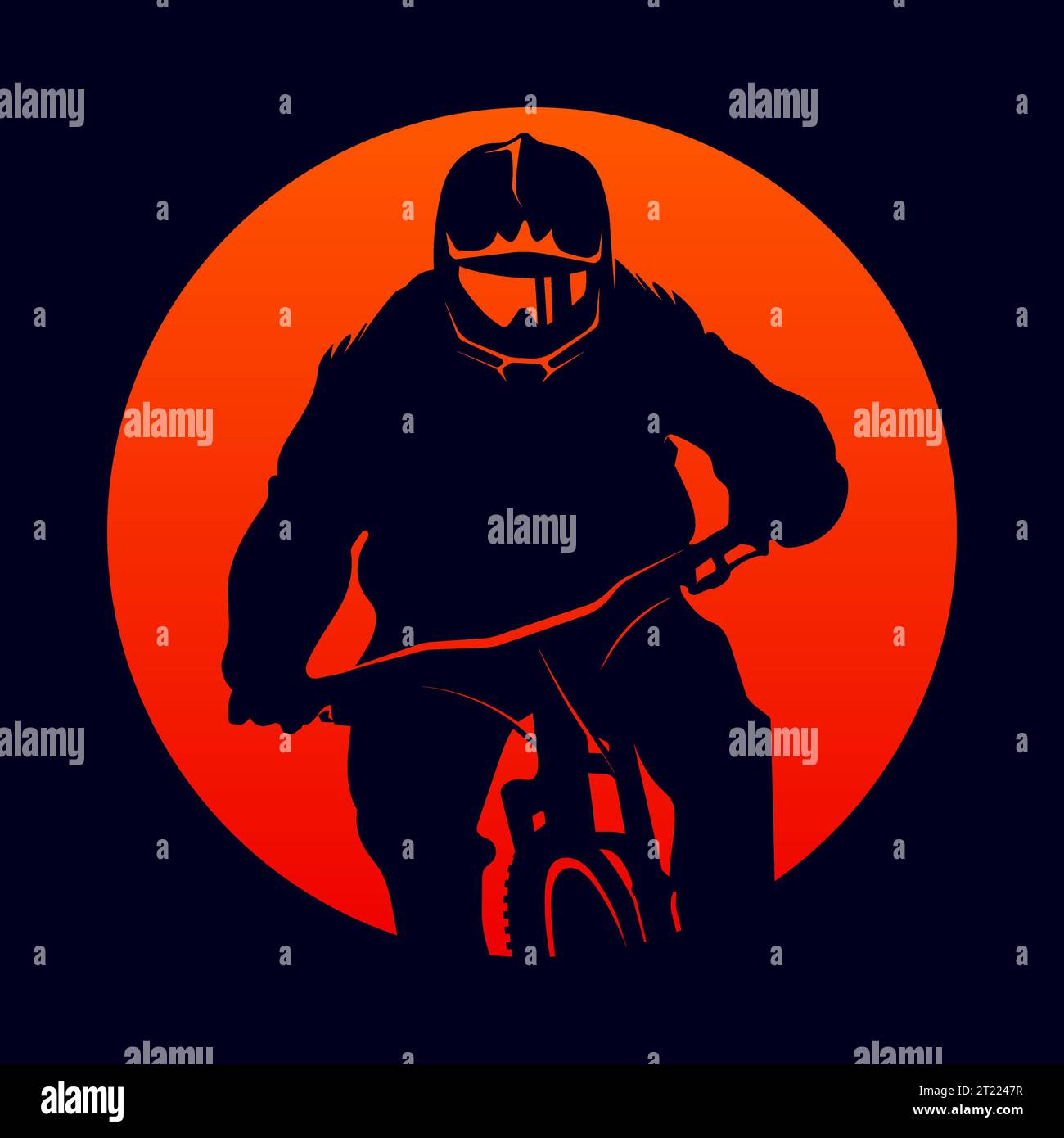 Mountainbiker mit Helm und Brille, Vorderansicht. Logo für Fahrradfahrer. MTB, Downhill, Enduro-Bike. Vektorabbildung. Stock Vektor