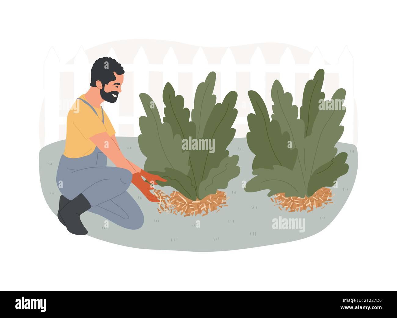 Mulchanlagen isolierte Konzeptvektorillustration. Bodenbedeckung, Pflanzenschutz, Unkrautbekämpfung, Feuchtigkeitsspeicherung, Gartenbeet, Holzspäne, Landschaftsgewebe, dekoratives Mulchvektorkonzept. Stock Vektor