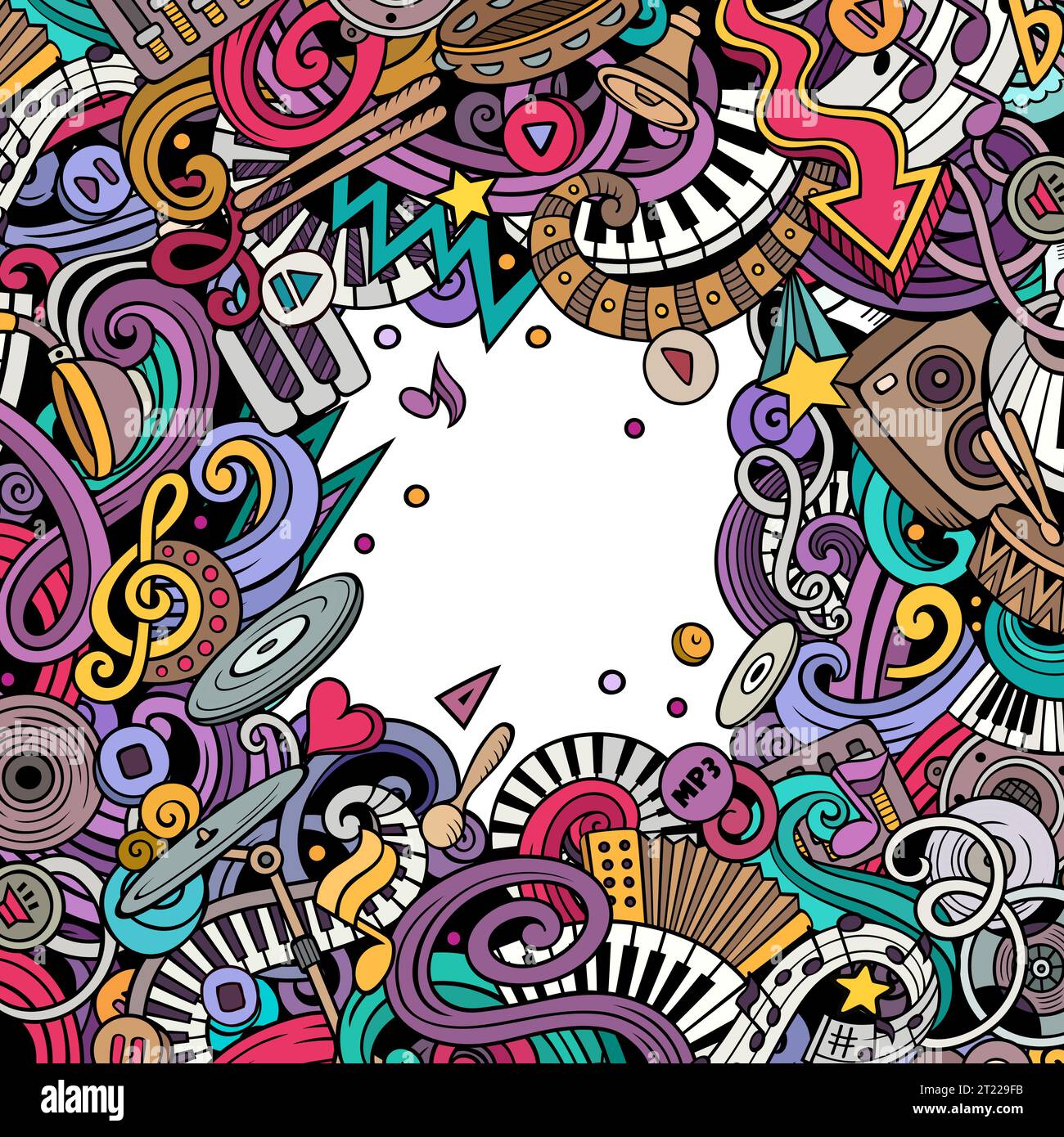 Musik Vektor-Kritzelillustration. Musikalisches Rahmendesign Stock Vektor