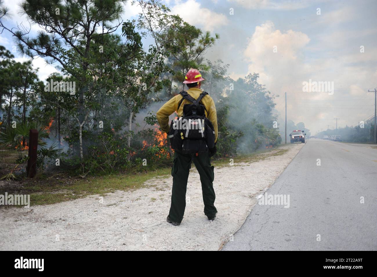 Ein Feuerwehrmann beobachtet ein vorgeschriebenes Feuer im National Key Deer Refuge. Themen: Arbeit des Dienstes; vorgeschriebene Verbrennung; Mitarbeiter (USFWS). Lage: Florida. Fish and Wildlife Service Site: NATIONAL KEY DEER REFUGE. Stockfoto