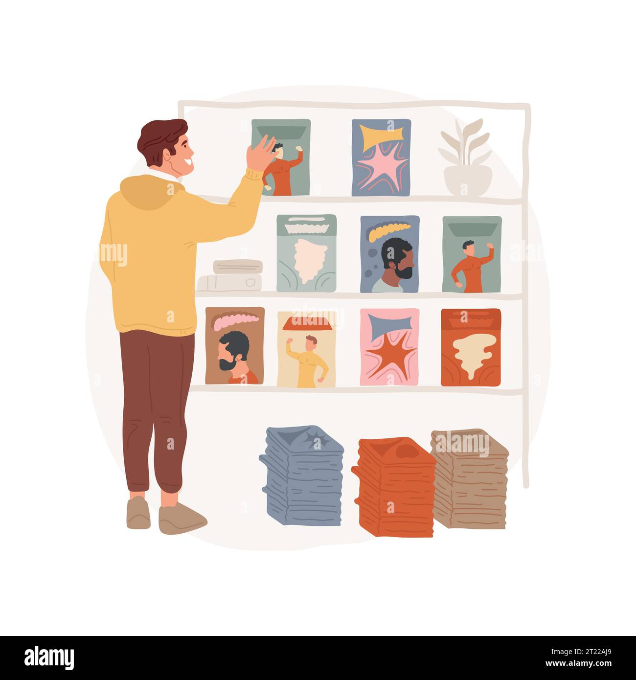 Comic-Bücher isolierte Cartoon-Vektor-Illustration. Mann sammelt Comic-Bücher, Leute-Hobby, praktische Aktivitäten, Original-Kunst, Manga-Ausgabe, Superheldengeschichten, bunte Magazin-Vektor-Cartoon. Stock Vektor