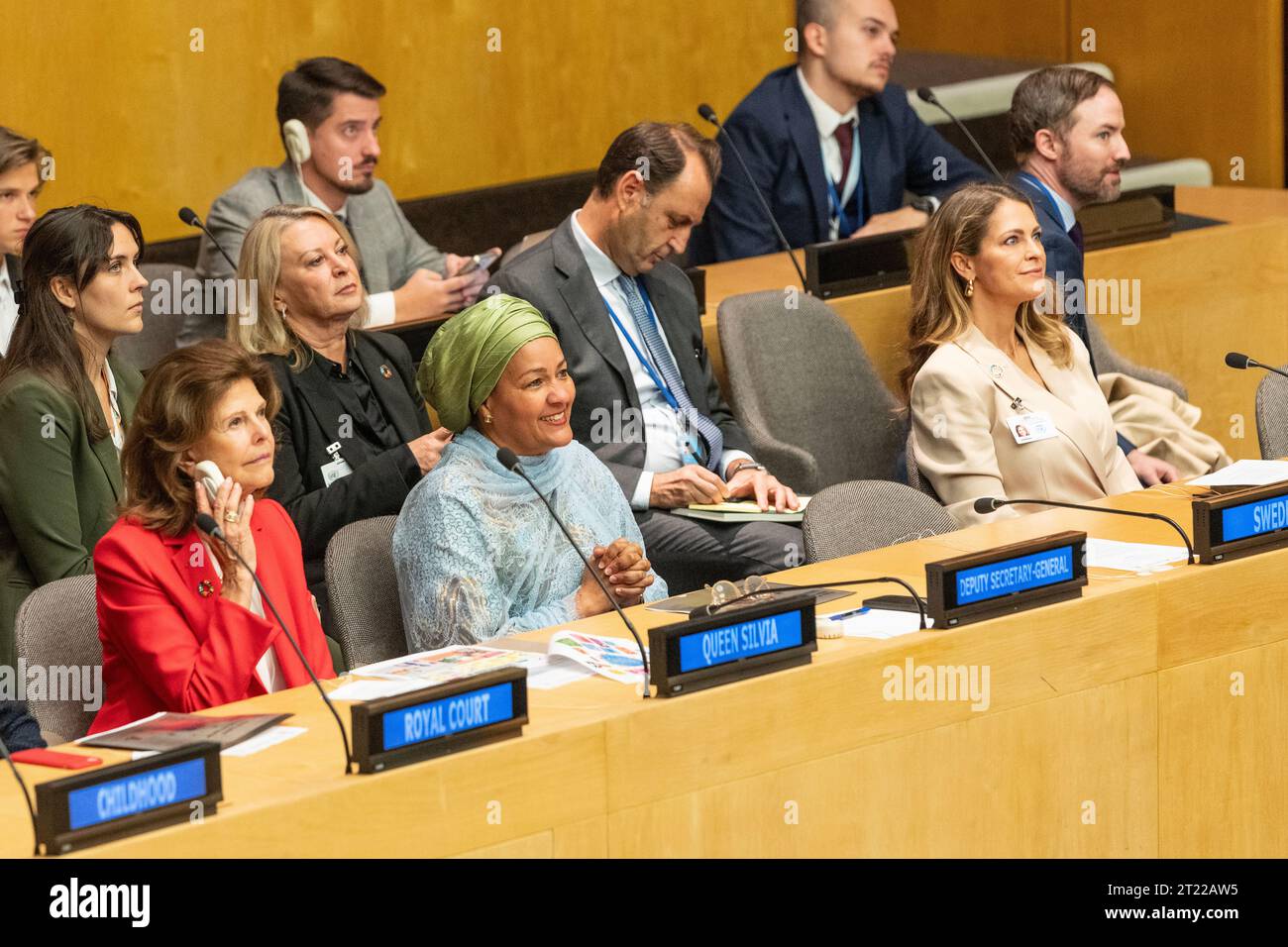 Königin Sylvia von Schweden, Amina Mohammed, Prinzessin Madeleine nahm am 16. Oktober 2023 am UN-Hauptquartier in New York Teil Stockfoto