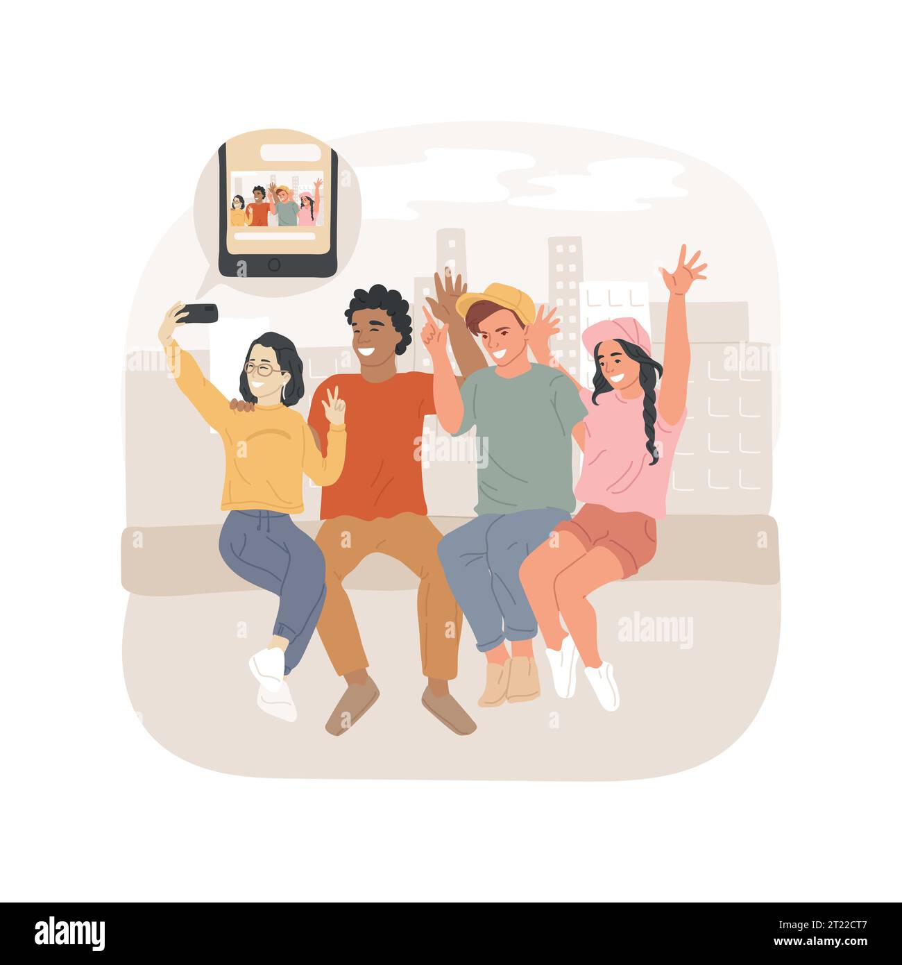 Senden von Bildern an Freunde isolierte KarikaturvektorIllustration. Gruppe von Teenagern,
