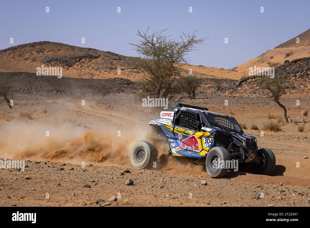 304 LOPEZ CONTARDO Francisco (Chi), ORTEGA GIL Diego (Spa), Red Bull Can-am Factory Team, Can-am Maverick X3, FIA W2RC, Action während der dritten Phase der Rallye du Maroc 2023 am 16. Oktober 2023 in Zagora, Marokko Stockfoto