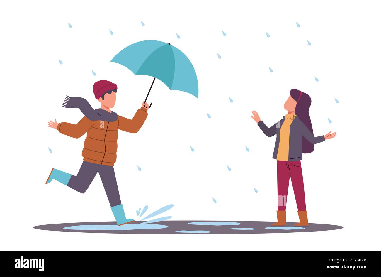 Junge, der Regenschirm für Mädchen im Regen trägt. Ein nettes Kind mit guten Manieren bietet Hilfe an. Kinder in warmen Herbstkleidung, die auf Pfützen laufen. Cartoon Flat Stock Vektor