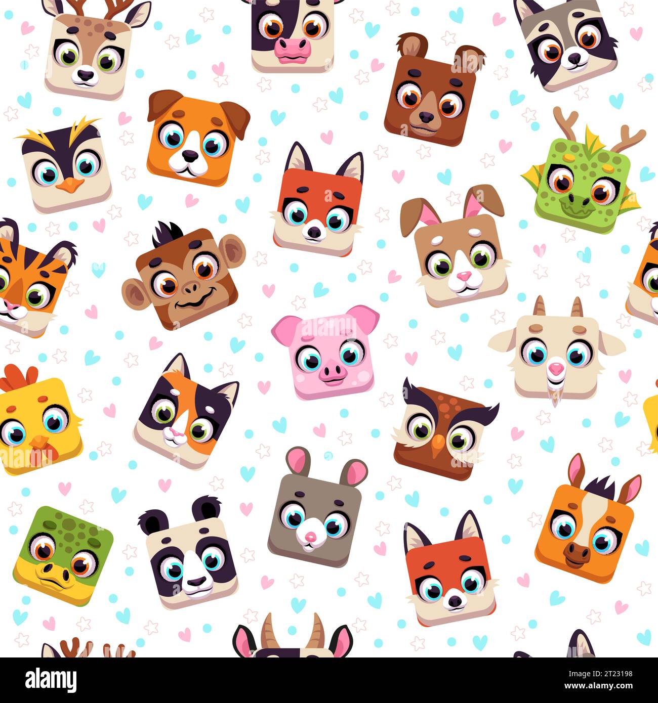 Nahtloses Muster mit Tieren. Wildtiere und einheimische quadratische Charaktere. Kindliches Textil, Geschenkpapier, Tapetendesign. Stoffdruck. Cartoon Stock Vektor