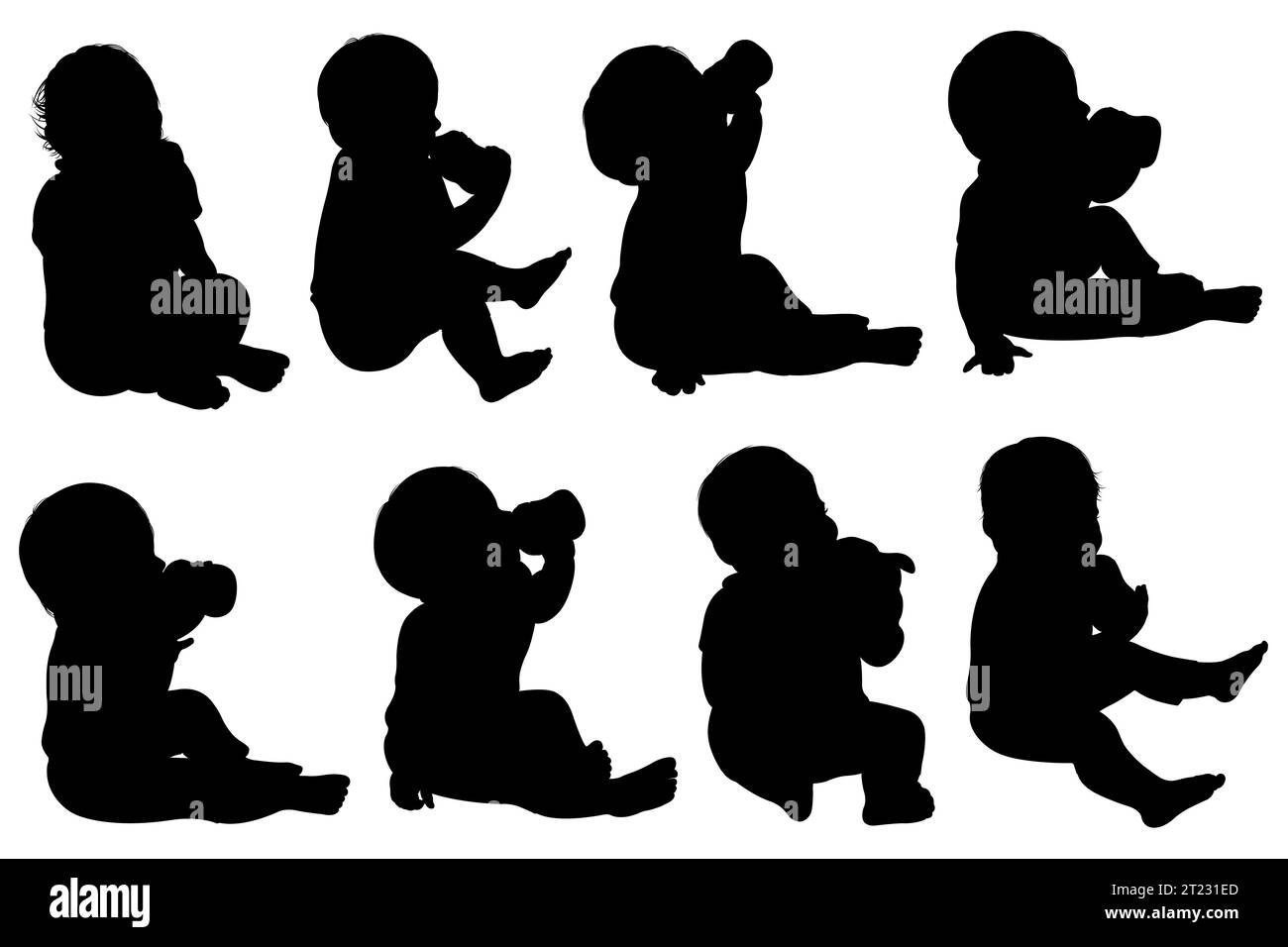 Illustration von Baby Silhouetten trinken aus Babyflasche isoliert auf weiß Stockfoto