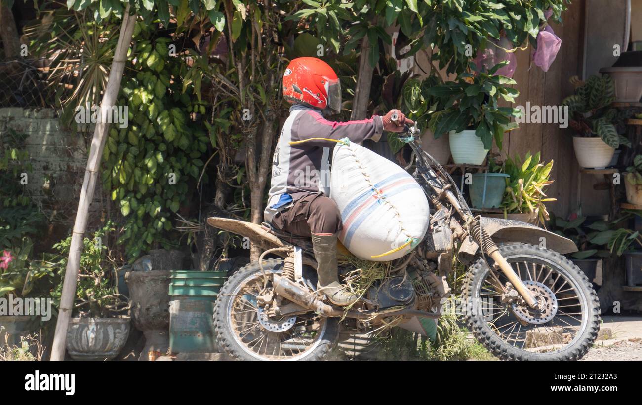 Pinrang Indonesia, 16. Oktober 2023: Motortaxi, ein spezielles Transportfahrzeug für das Rangieren von Bauernkorn von Reisfeldern, tagsüber in Maso Stockfoto