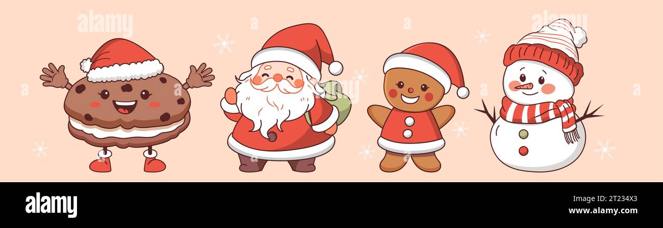 Niedliche weihnachtsfiguren. Weihnachtsmann, Schneemann, Lebkuchenmann und Keksset. Vektorabbildung. Stock Vektor