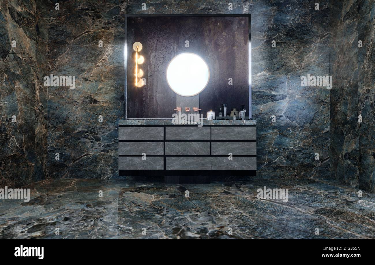 Badezimmer mit Marmorwänden in minimalistischem Stil Stockfoto