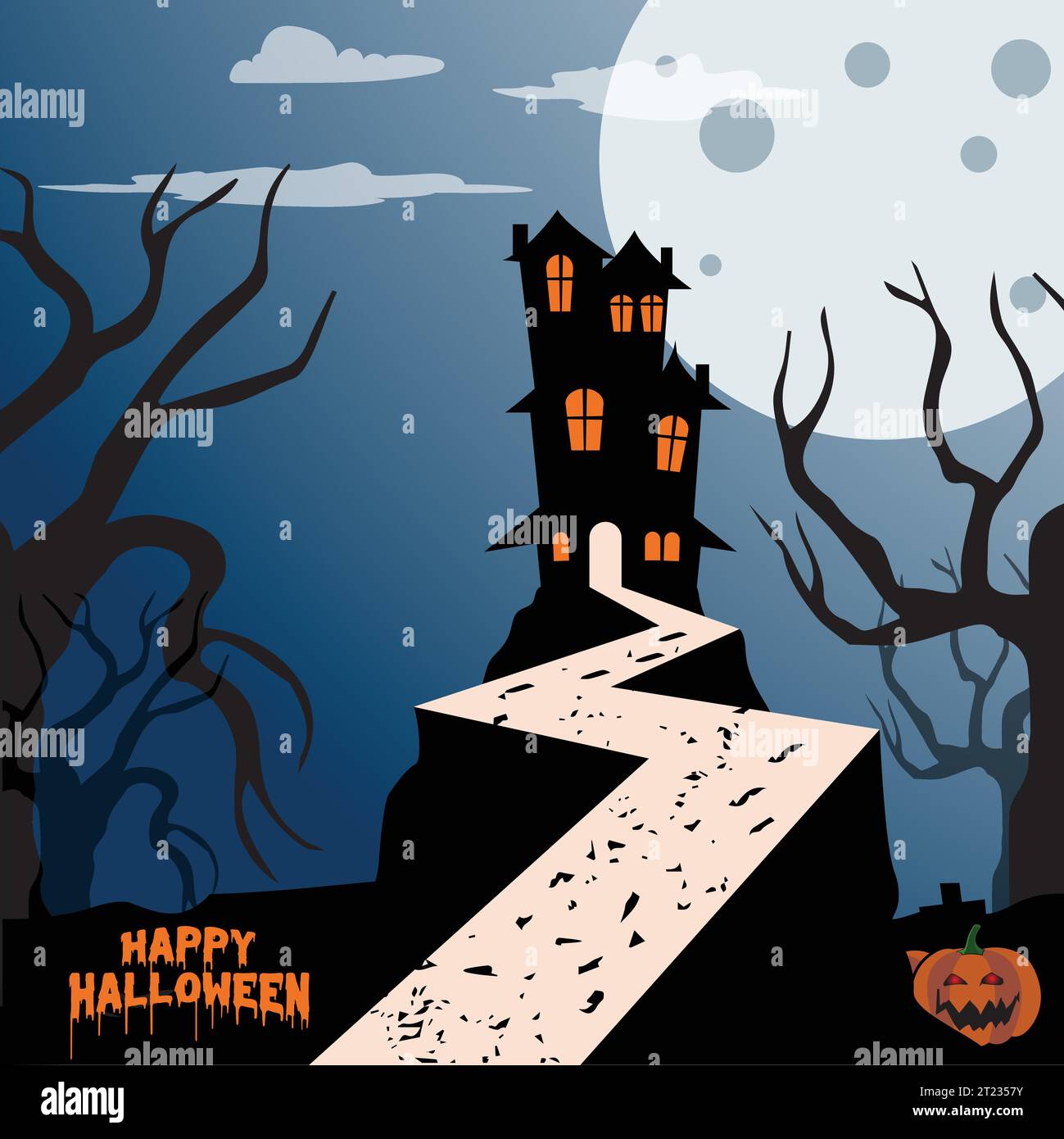 Halloween-Party, Horror Kürbisse, Spukhaus, Kürbis Patch in der Nacht durch Vollmond Licht Hintergrund Flyer Design Stock Vektor