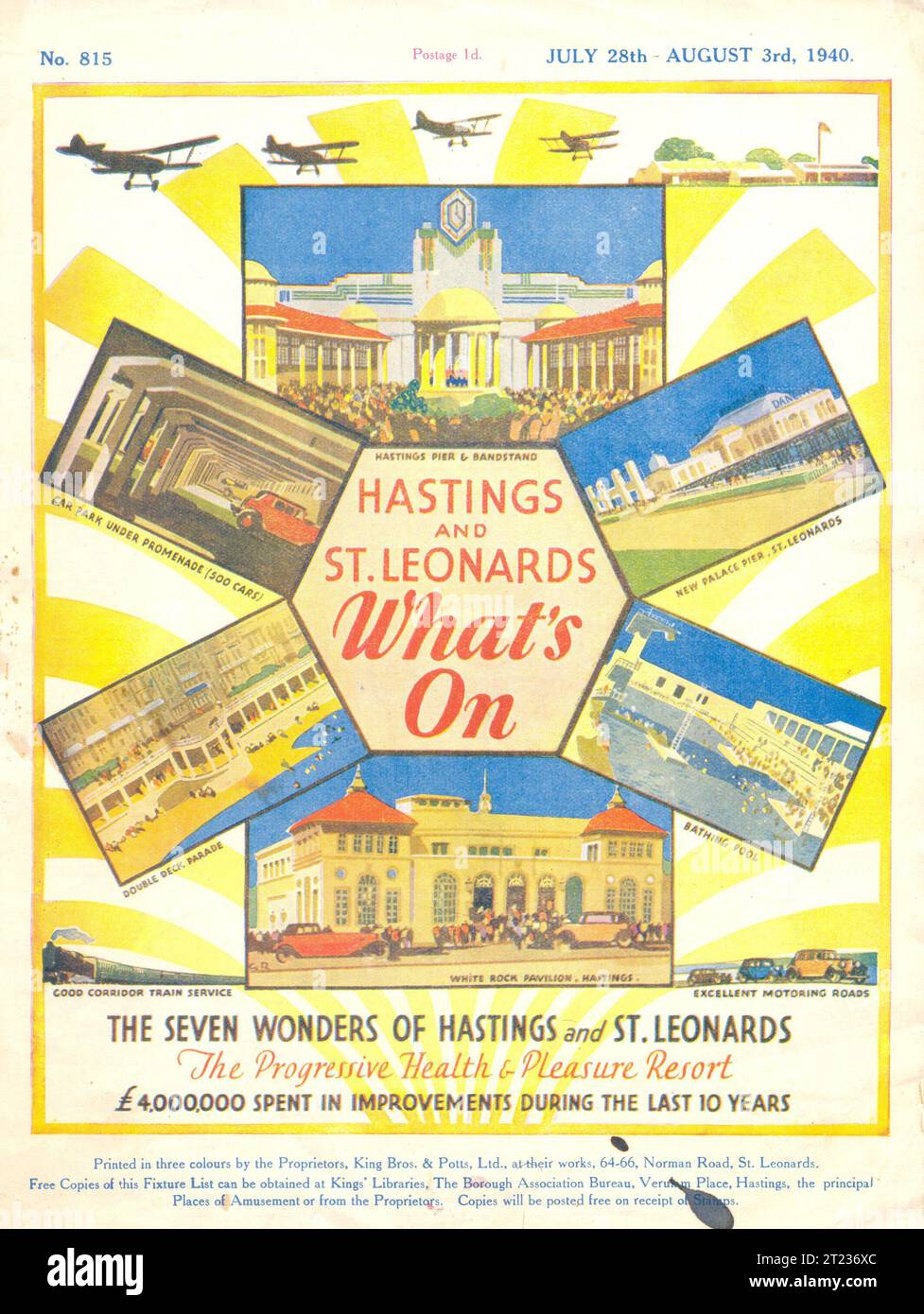 Nr. 815 von Hastings & St. Leonard's Was ist los für den 28. Juli bis 3. August 1940, die die sieben Wunder von Hastings und St. Leonards illustrieren Stockfoto