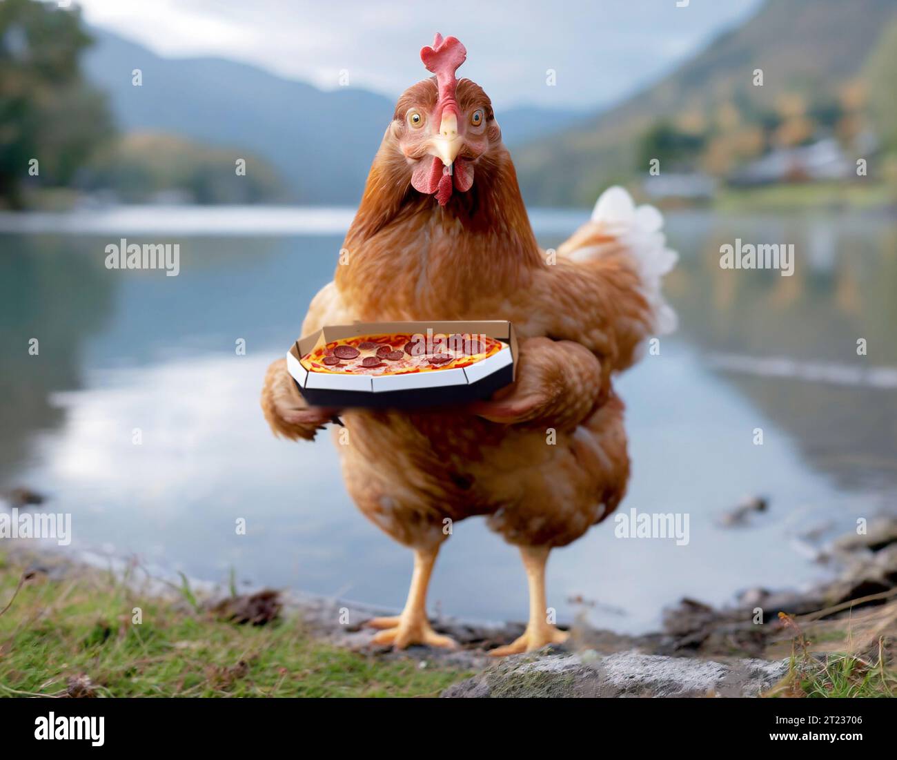 Ein Huhn liefert eine Pizza ins Meer Stockfoto