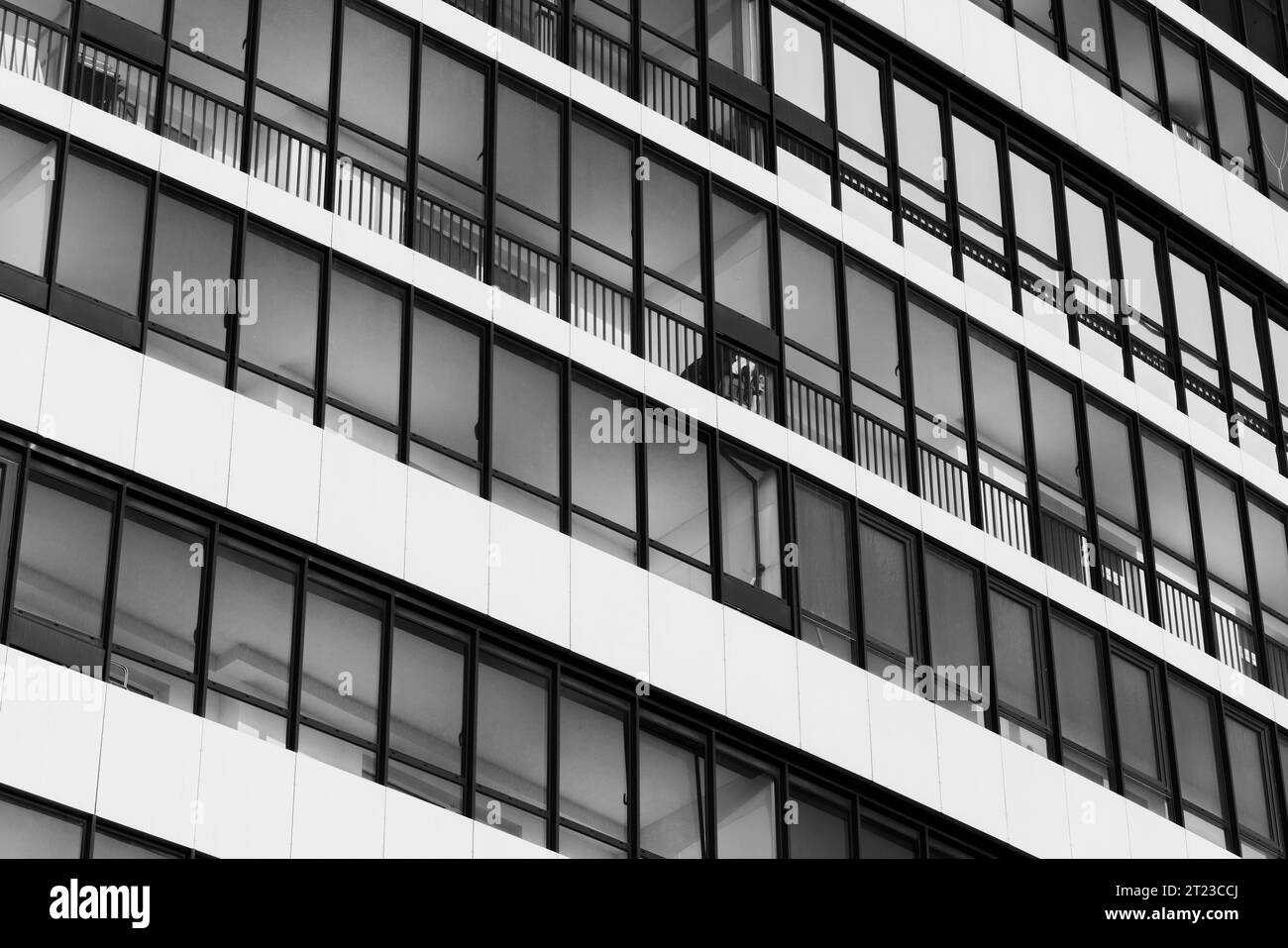 Abstrakter Hintergrund moderner Architektur, weiße Hauswand mit Fenstern in Reihen. Schwarzweißfoto Stockfoto