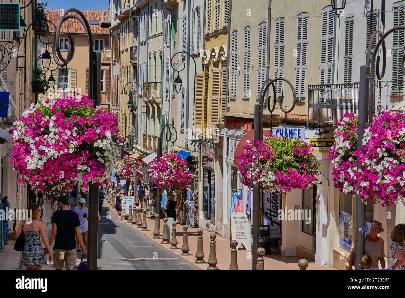 Bezaubernde europäische Straße im Schatten farbenfroher Blumen und die historische Architektur in der Altstadt von Antibes an der französischen Riviera Stockfoto