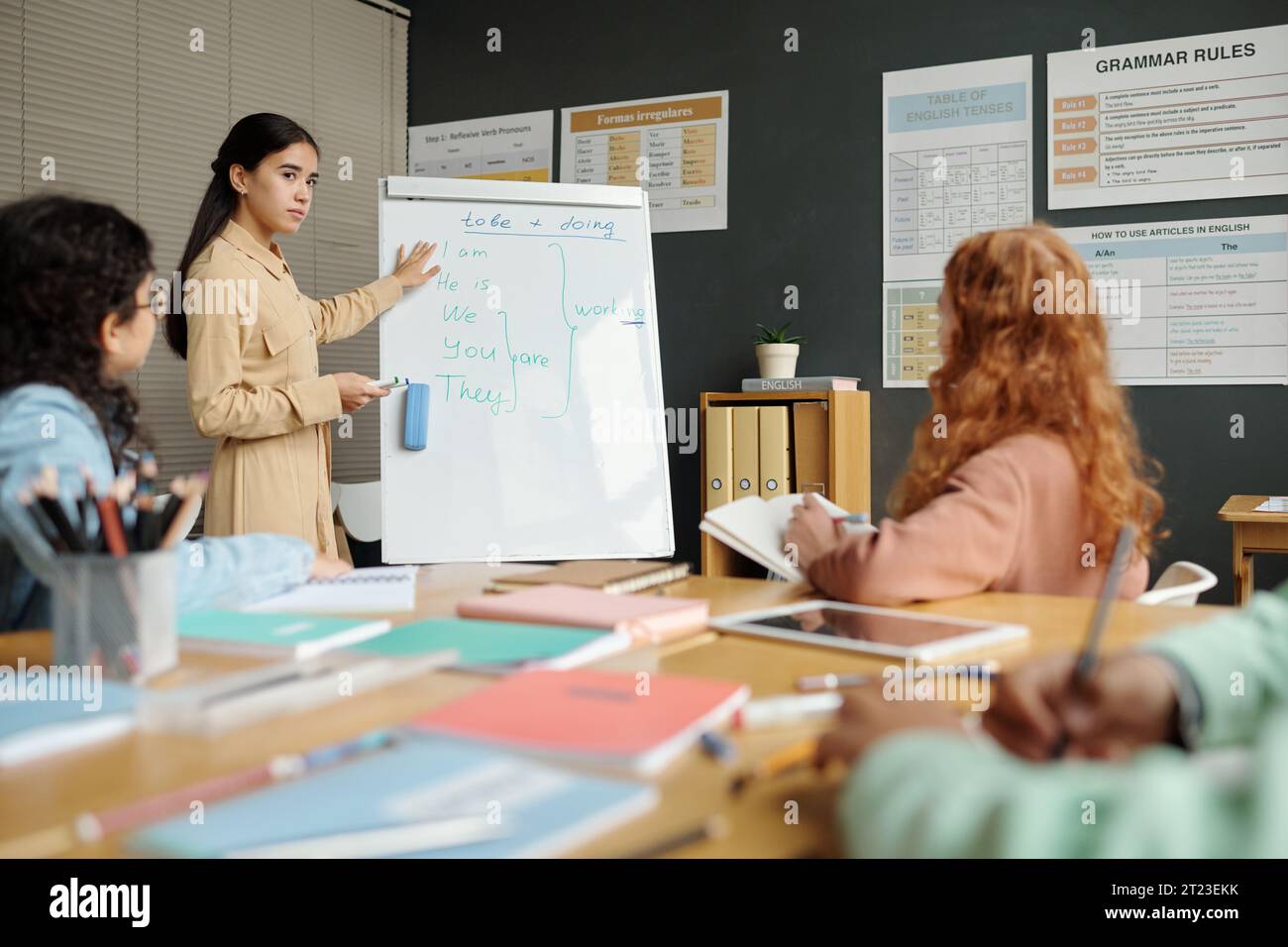 Junger, selbstbewusster Lehrer, der an der Tafel mit englischen Grammatikregeln steht und auf einen von ihnen zeigt, während er es den Schülern erklärt Stockfoto