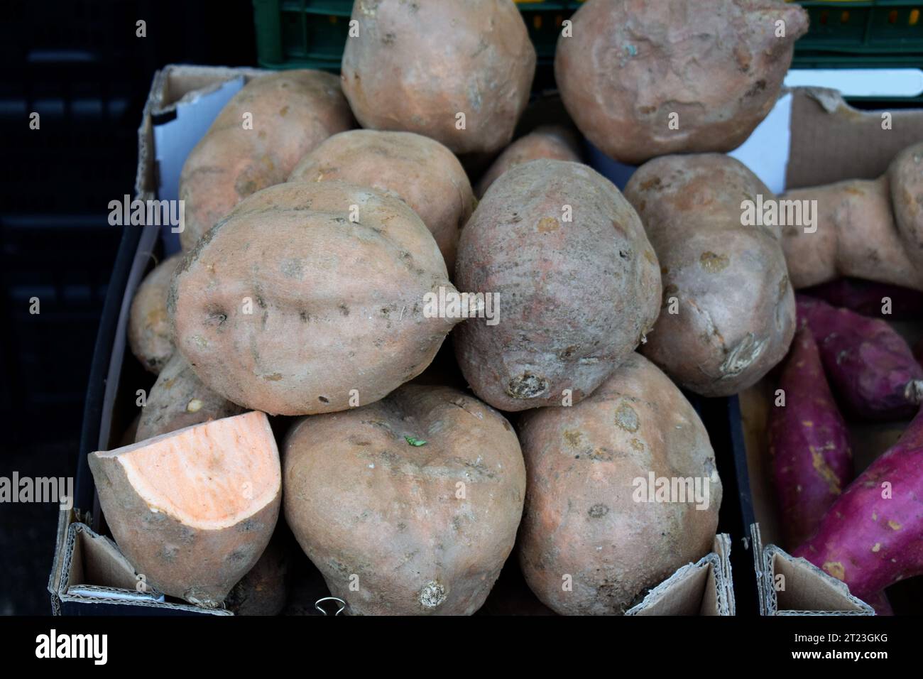 Schließen Sie Süßkartoffeln in einer Schachtel auf dem Markt Stockfoto