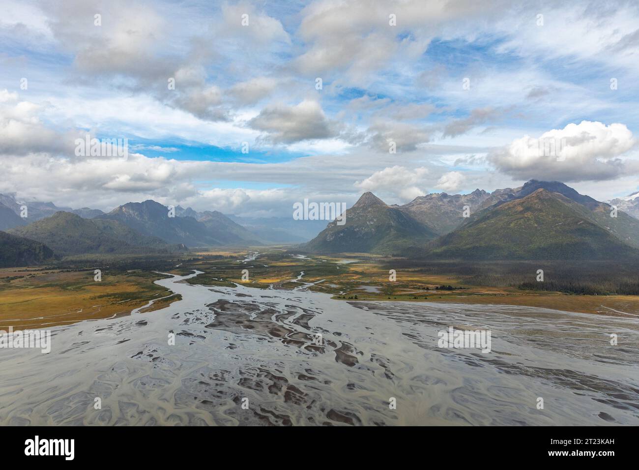 Ein Blick aus der Luft zeigt einen breiten, geflochtenen Fluss, der durch ein Tal fließt, umgeben von Bergen unter einem teilweise bewölkten Himmel. Die zahlreichen Kanäle des Flusses erzeugen komplexe Muster in der Landschaft, wobei das Wasser silbrig oder glazial in Farbe wirkt. Der Talboden ist eine Mischung aus grasbewachsenen Flächen und Bäumen, die zu den bewaldeten Hängen der Berge führen. Der Himmel ist eine Mischung aus blauen und weißen Wolken, die der Szene Tiefe und Textur verleihen. Stockfoto