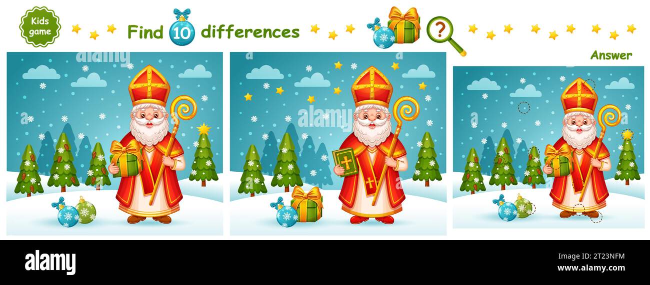 St. Nikolaus Feiertag, finde 10 unterschiedliche Bildung Kinder Puzzlespiel. Niedlicher Weihnachtscharakter von St. Nicolas Sinterklaas. Bildvektor vergleichen Stock Vektor