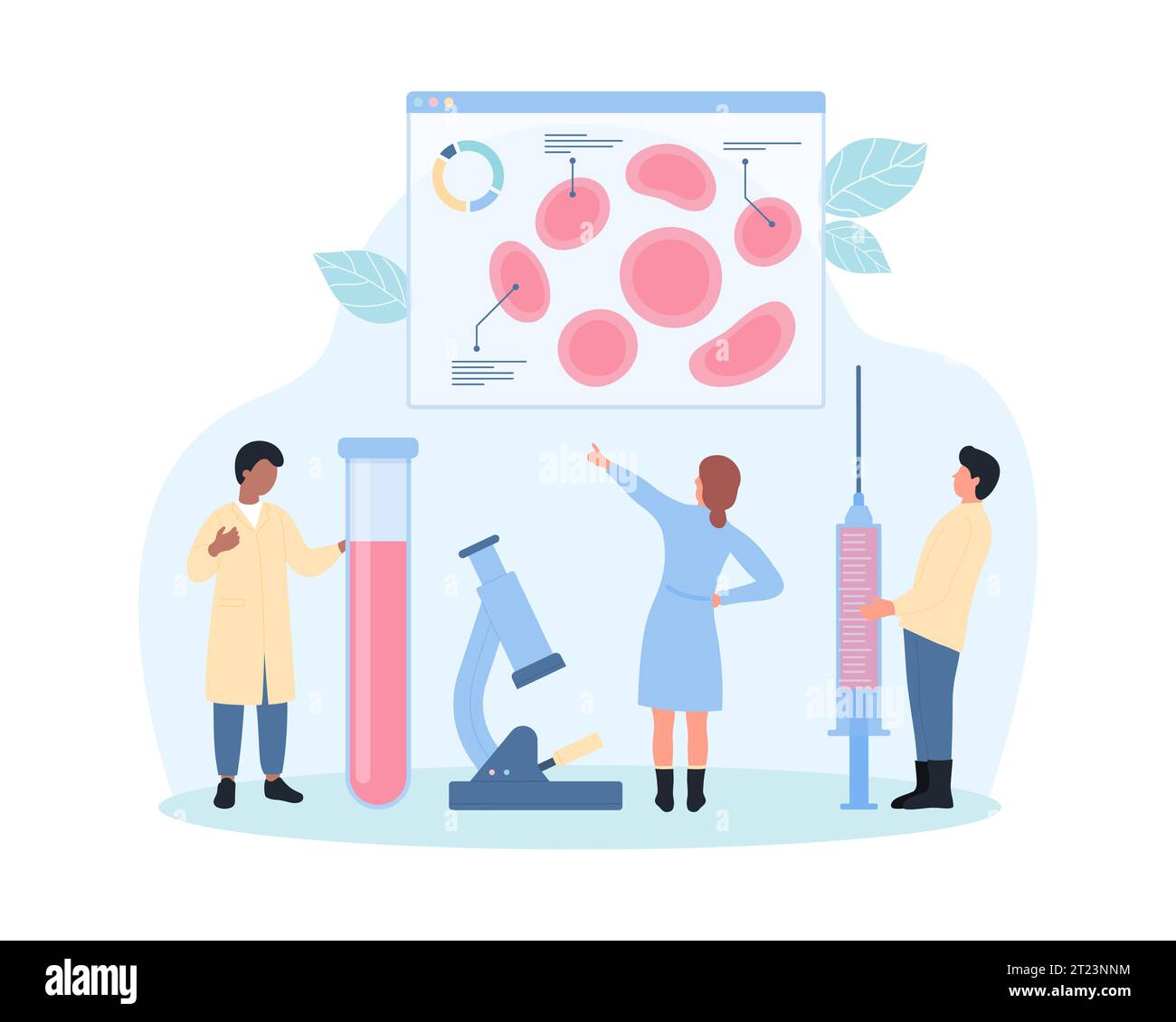 Blutforschung in Laborvektorabbildung. Cartoon Tiny People halten Laborteströhrchen mit Blutprobe und Spritze, Ärzte analysieren Ergebnisse für Gesundheitsdiagnostik, Krankenhaus-Analyse Service Stock Vektor