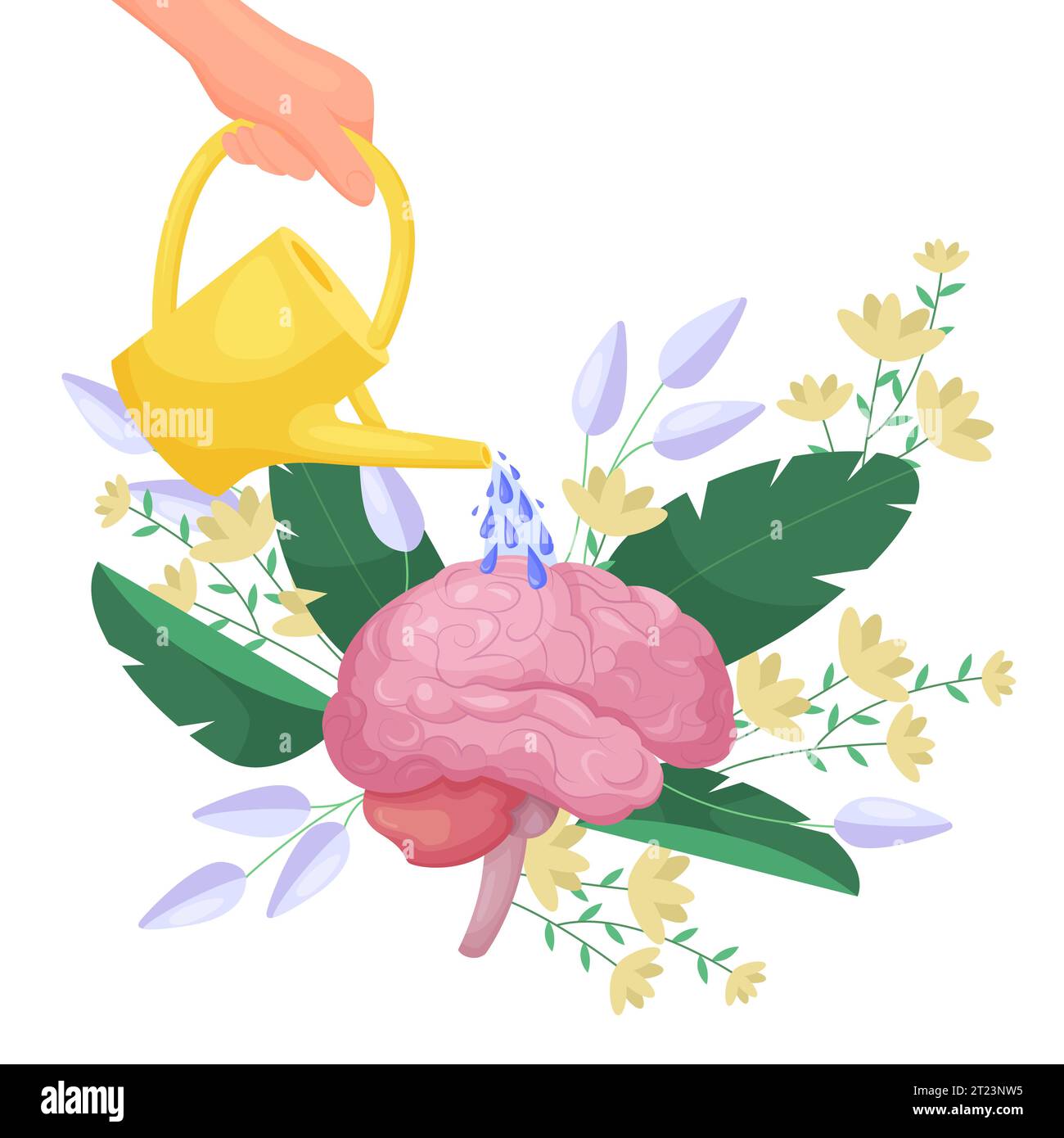 Psychische Gesundheit, positive Gedanken und Wellness-Vektor-Illustration. Cartoon isolierte Hand tränkt süße Blumen und Blätter, die aus dem Gehirn wachsen, entspannen und sich selbst kümmern von Geist und Körper, Psychologie-Therapie Stock Vektor