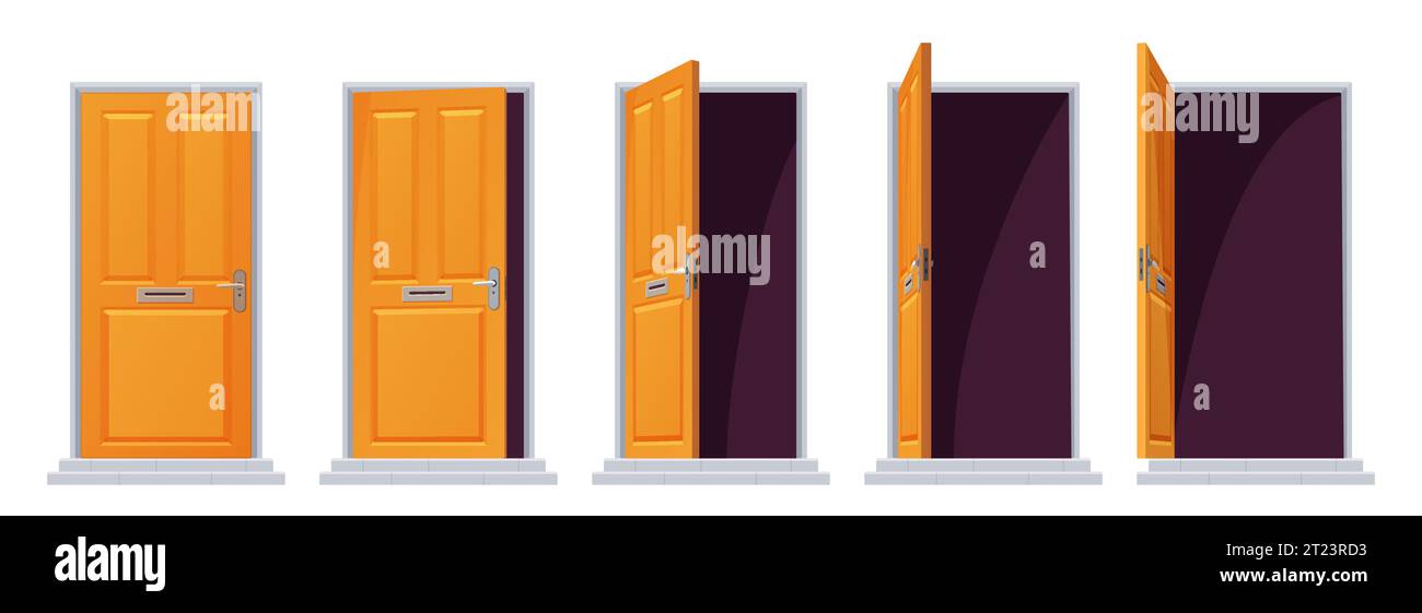Türöffnungssequenz, Animationsset Vektorillustration. Cartoon isolierte verschiedene Stufen von offenen, offenen und geschlossenen gelben Holztüren zum Haus mit Türöffnung, Türstufe und Griff Stock Vektor