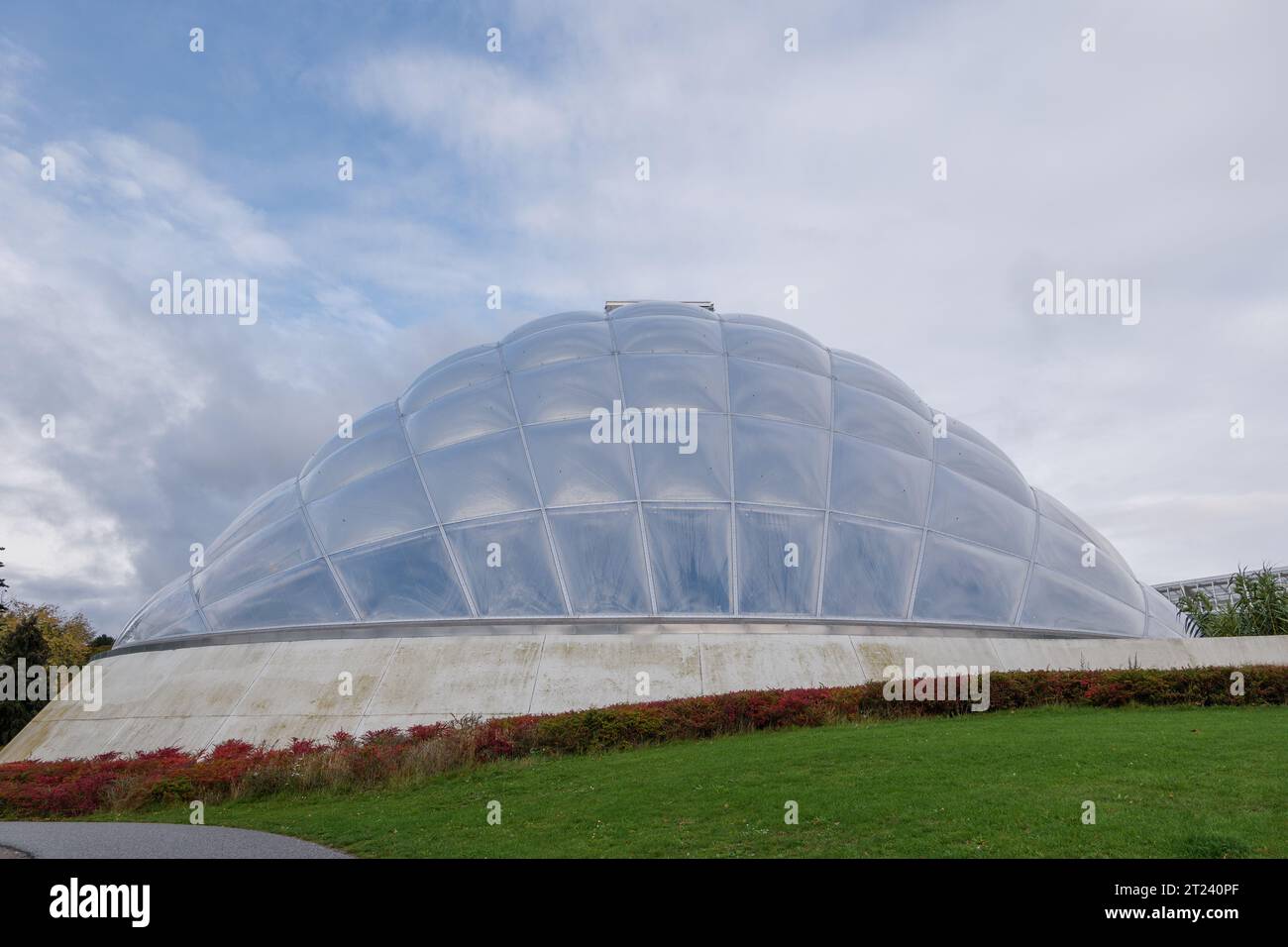 Aarhus, Dänemark - 2. OKTOBER 2022: Außenansicht der gewölbten Gewächshäuser und Windmühle im Botanischen Garten Stenpartiet der Universität Aarhus. Stockfoto