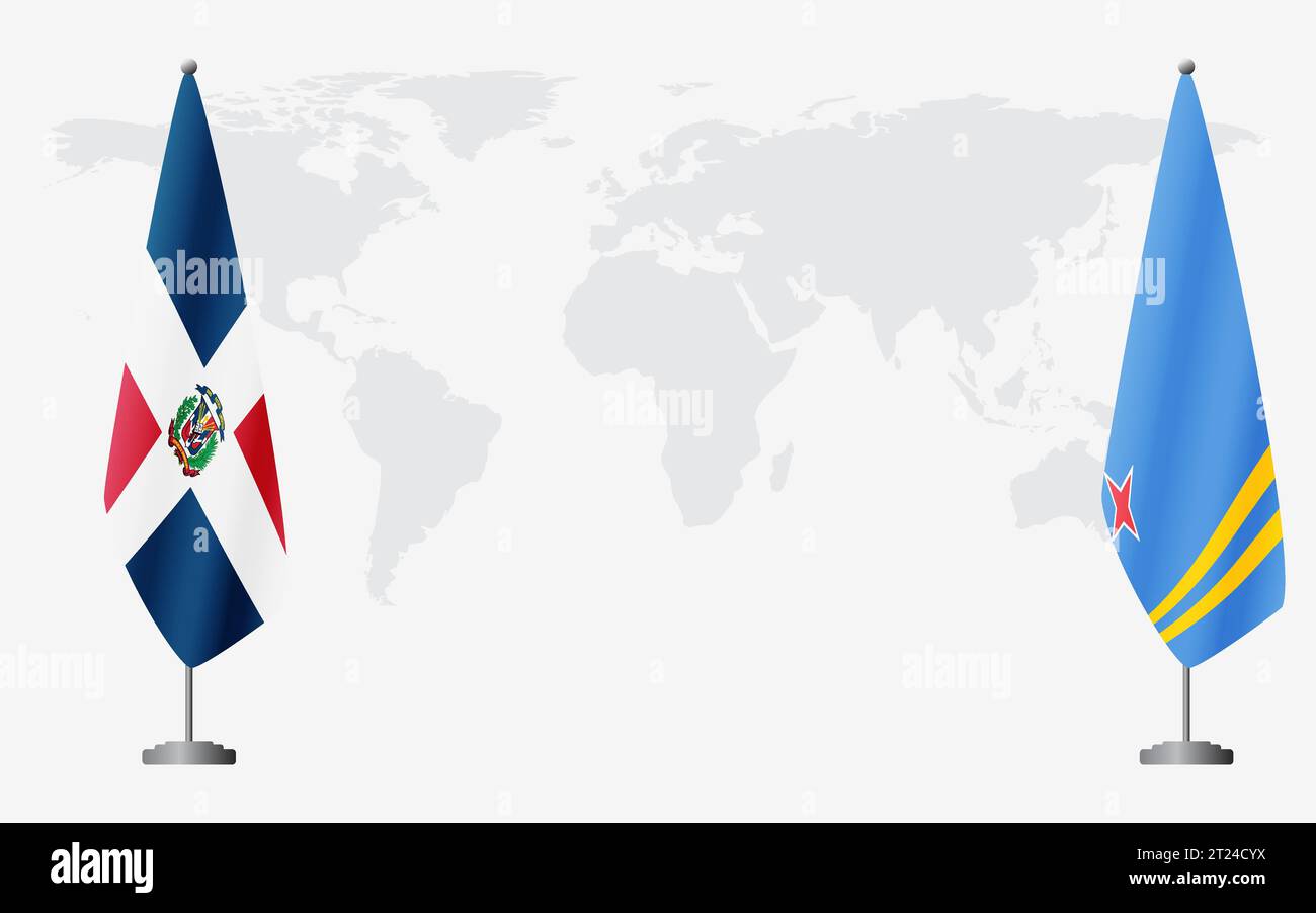 Dominikanische Republik und Aruba Flaggen für offizielle Treffen vor dem Hintergrund der Weltkarte. Stock Vektor