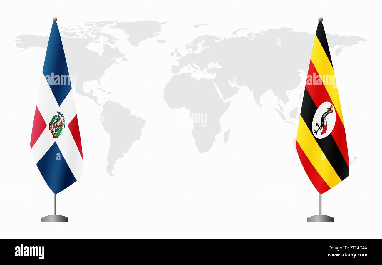 Dominikanische Republik und Uganda Flaggen zum offiziellen Treffen vor dem Hintergrund der Weltkarte. Stock Vektor