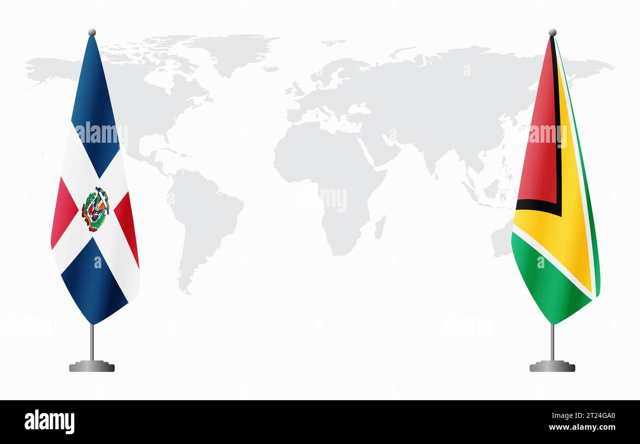 Dominikanische Republik und Guyana Flaggen für offizielle Treffen vor dem Hintergrund der Weltkarte. Stock Vektor