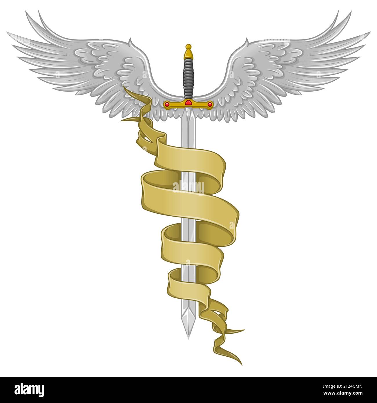 Europäisches mittelalterliches Schwert-Vektor-Design, geflügeltes Schwert, umgeben von heraldischem Band Stock Vektor