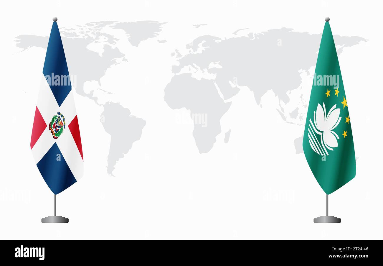 Dominikanische Republik und Macau Flaggen für offizielle Treffen vor dem Hintergrund der Weltkarte. Stock Vektor