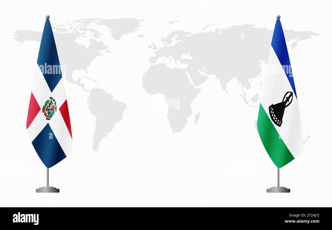 Dominikanische Republik und Lesotho Flaggen für offizielle Treffen vor dem Hintergrund der Weltkarte. Stock Vektor